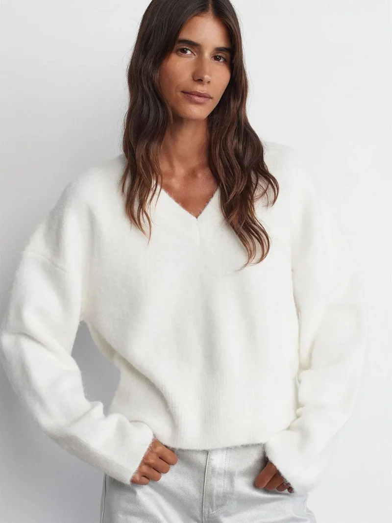 ديلفين Dilvin Women's V-neck Ribbed Knit Sweater