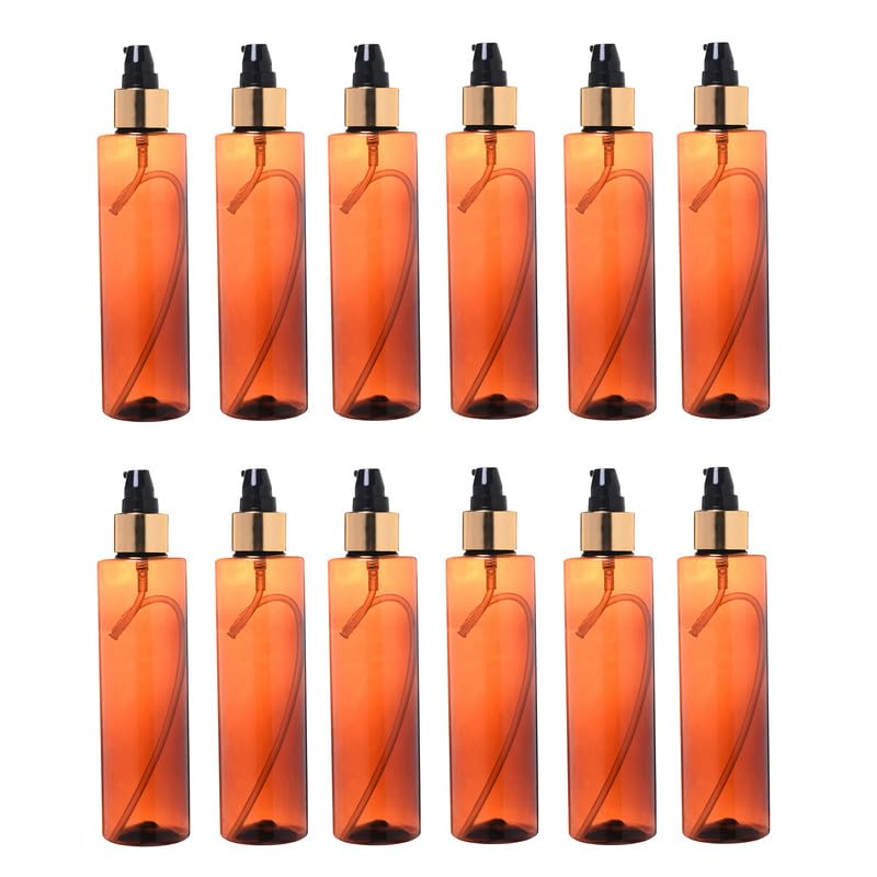 Devinez Round Amber Bottle 200ml Pack of 12 with Golden Black Lotion Pump Serum Essential Oils Blends DIY Skin Care Cosmetics Multipurpose Bottle for Home and Travel Purpose - Image 1