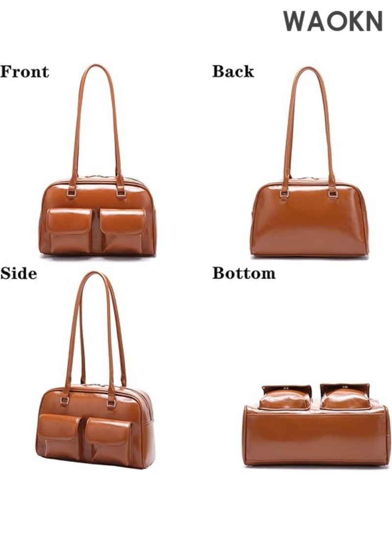 WAOKN New Korean handbag, women retro shoulder hand-held underarm oil wax leather bag, double casual bag niche outdoor handbag for Women Retro Handbag Top Handle Waterproof for Travel - Image 3