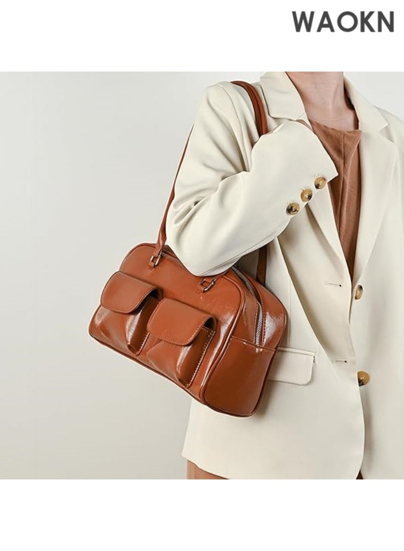 WAOKN New Korean handbag, women retro shoulder hand-held underarm oil wax leather bag, double casual bag niche outdoor handbag for Women Retro Handbag Top Handle Waterproof for Travel - Image 4