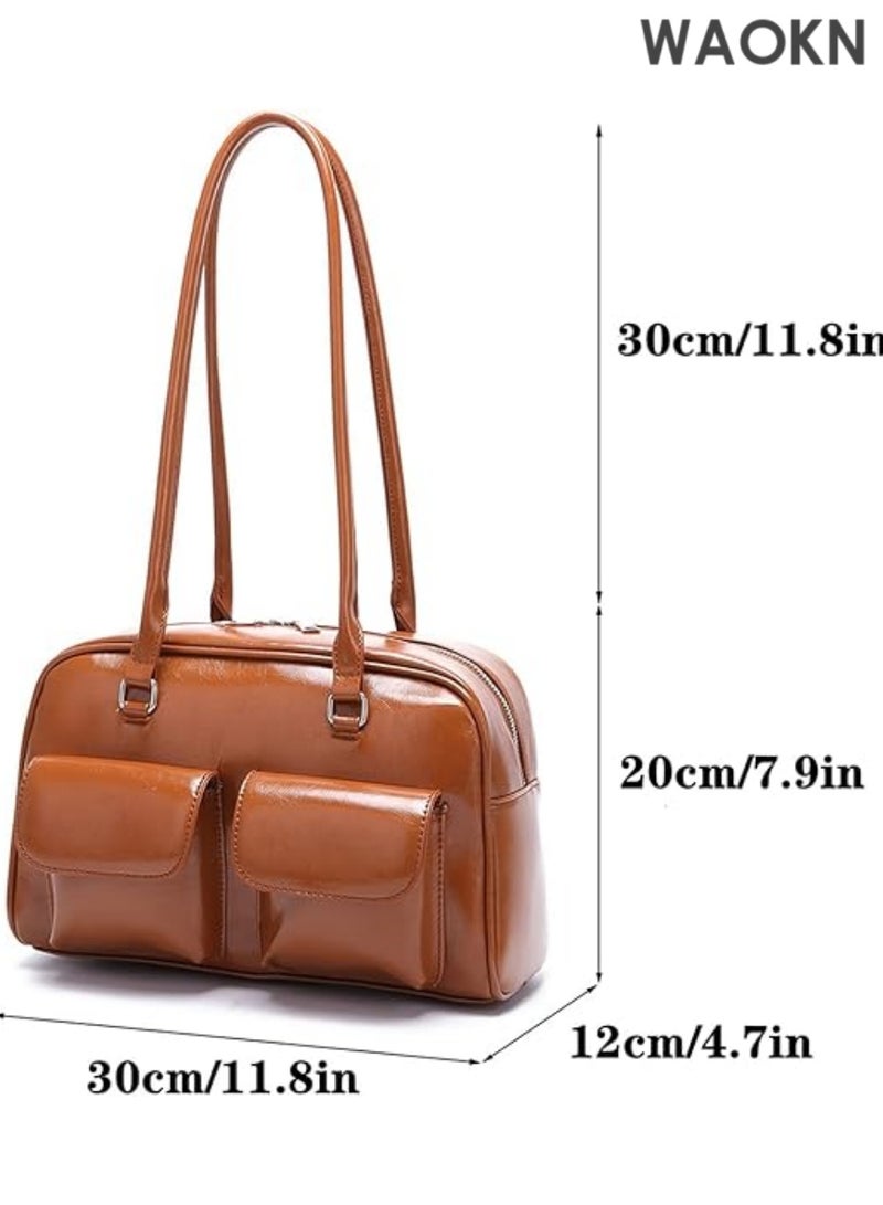 WAOKN New Korean handbag, women retro shoulder hand-held underarm oil wax leather bag, double casual bag niche outdoor handbag for Women Retro Handbag Top Handle Waterproof for Travel - Image 2
