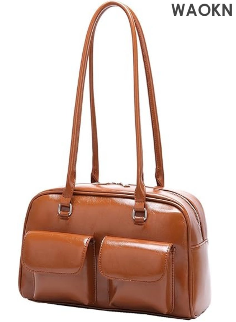 WAOKN New Korean handbag, women retro shoulder hand-held underarm oil wax leather bag, double casual bag niche outdoor handbag for Women Retro Handbag Top Handle Waterproof for Travel - Image 1