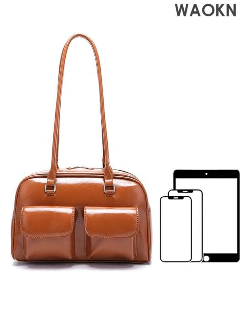 WAOKN New Korean handbag, women retro shoulder hand-held underarm oil wax leather bag, double casual bag niche outdoor handbag for Women Retro Handbag Top Handle Waterproof for Travel - Image 5