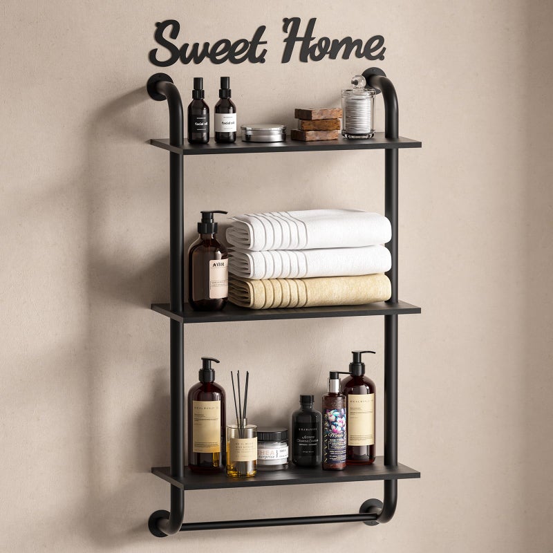 Tinpin Bathroom Shelves Wall Mounted, Rustic Farmhouse Pipe Shelves, Walls Shelf 3-Tier, Industrial Pipe Shelving, Floating Shelf Wall Decor for Bathroom, Kitchen, Bedroom, Living Room 17.3in Black - Image 1