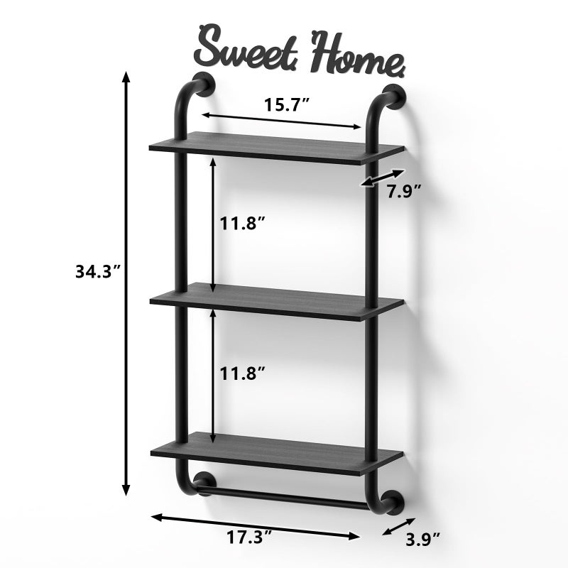Tinpin Bathroom Shelves Wall Mounted, Rustic Farmhouse Pipe Shelves, Walls Shelf 3-Tier, Industrial Pipe Shelving, Floating Shelf Wall Decor for Bathroom, Kitchen, Bedroom, Living Room 17.3in Black - Image 3