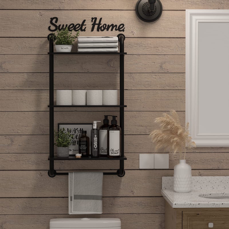 Tinpin Bathroom Shelves Wall Mounted, Rustic Farmhouse Pipe Shelves, Walls Shelf 3-Tier, Industrial Pipe Shelving, Floating Shelf Wall Decor for Bathroom, Kitchen, Bedroom, Living Room 17.3in Black - Image 2