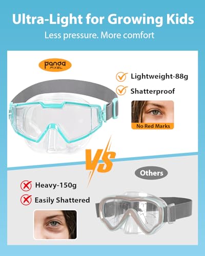 Pixel Panda 2 Pack Kids Swim Goggles with Nose Cover for Kids 6-14, Lightweight Kids Pool Goggles with Fabric Strap for Boys Girls, Green & Pink - Image 2
