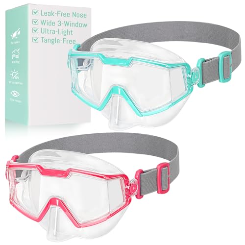 Pixel Panda 2 Pack Kids Swim Goggles with Nose Cover for Kids 6-14, Lightweight Kids Pool Goggles with Fabric Strap for Boys Girls, Green & Pink - Image 1