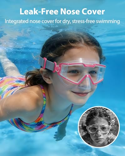 Pixel Panda 2 Pack Kids Swim Goggles with Nose Cover for Kids 6-14, Lightweight Kids Pool Goggles with Fabric Strap for Boys Girls, Green & Pink - Image 4