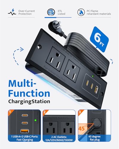 DOACE Recessed Power Strip with 20W USB C Port, Fast Charging USB A Port Conference Recessed Outlet, Space-Saver for Furniture Side Table, End Table, Desk Outlet with 6ft Cord, 45° Thin Flat Plug, Black - Image 4