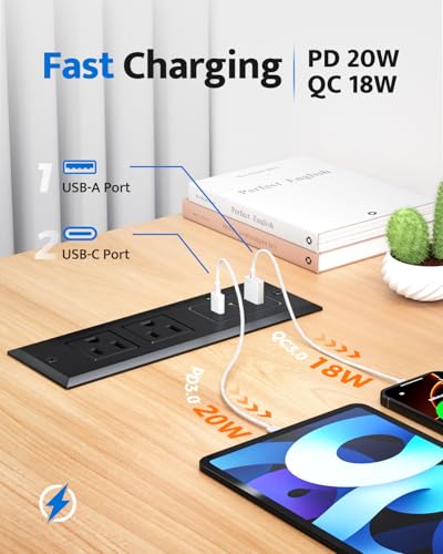 DOACE Recessed Power Strip with 20W USB C Port, Fast Charging USB A Port Conference Recessed Outlet, Space-Saver for Furniture Side Table, End Table, Desk Outlet with 6ft Cord, 45° Thin Flat Plug, Black - Image 3