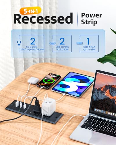 DOACE Recessed Power Strip with 20W USB C Port, Fast Charging USB A Port Conference Recessed Outlet, Space-Saver for Furniture Side Table, End Table, Desk Outlet with 6ft Cord, 45° Thin Flat Plug, Black - Image 2
