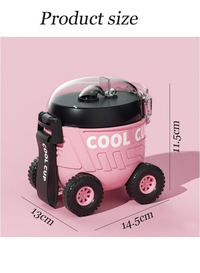 Cartoon Car Shape Children's Water Cup With Safety Lock Straw Mouth And Carrying Rope Stainless Steel Vacuum Insulated Tumbler For Outdoor Use Pink