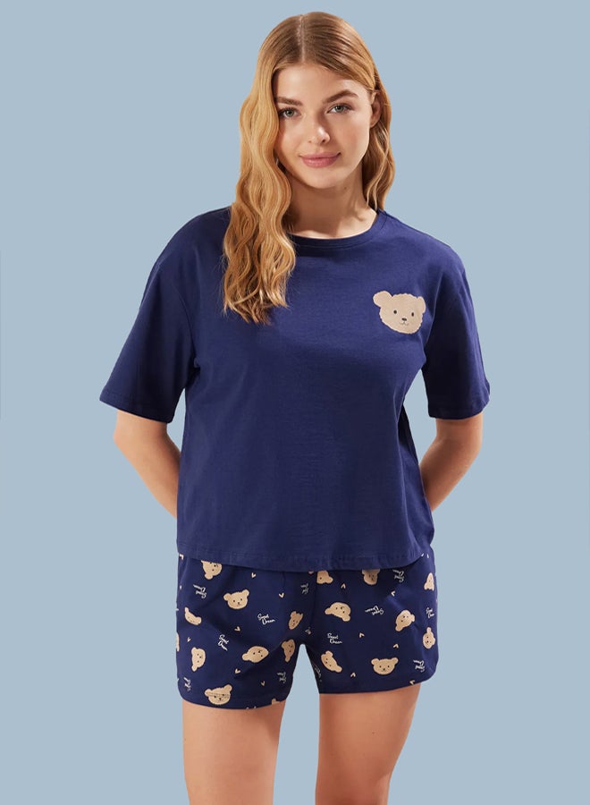 trendyol Navy Blue % Cotton Teddy Bear Heart Shorts Knitted Pajama Set - Image 1