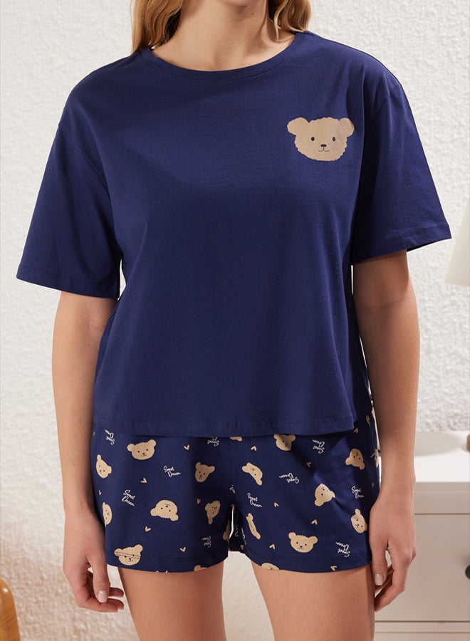 trendyol Navy Blue % Cotton Teddy Bear Heart Shorts Knitted Pajama Set - Image 4