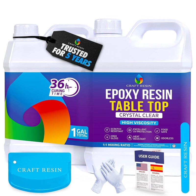 CRAFT RESIN Table Top Epoxy Resin Kit 1 Gallon â€“ Ultra Clear, High-Gloss, UV & Scratch Resistant Finish, Bubble-Free, Self-Leveling & Food Safe. Best For Countertops, Bar Tops, Tumblers & Wood Coating - Image 1
