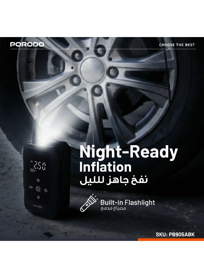 porodo Airo Car Tire Inflator Battery Capacity 1300mAh x3 /Switchable Inflation Mode /Cigarette Lighter Powered Built-in Flash Light / Cylinder Diameter 19mm / Automatic Delay Shutdown / Working Time 20 Minutes Max - Black - Image 5