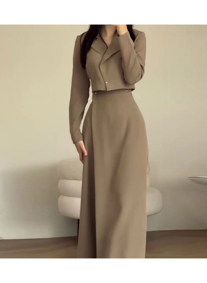 Shougu New Solid Color Short Style Small Suit High Waist Long Skirt Set  - Image 2