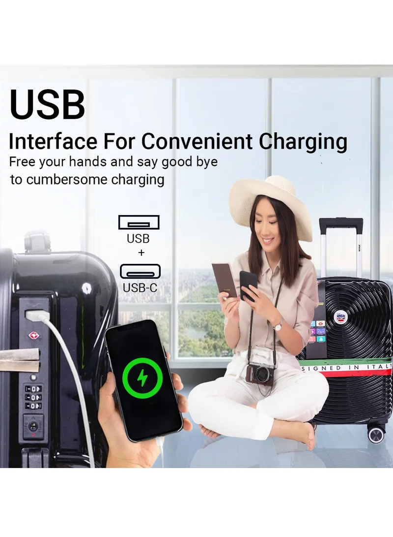 منيك أمتعة الرحلات البحرية | عربة بمقبض ناعم من الجانب الصلب مع منفذ USB وقفل عالمي | عربة مزدوجة 360 درجة بأربع عجلات| كابينة 20 بوصة | أسود