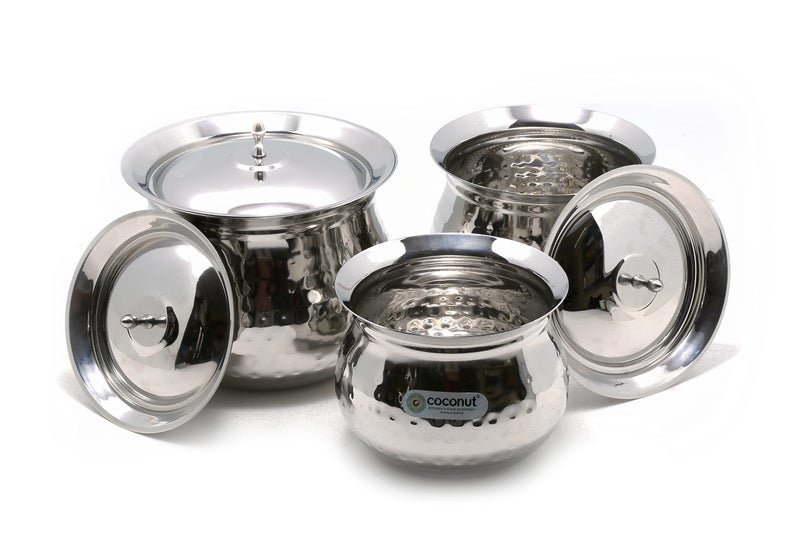 Coconut أواني الطهي المصنوعة من الفولاذ المقاوم للصدأ المطروق من جوز الهند مع الأغطية - 3 وحدات (السعة - 500، 850 و 1400 مل) - Image 2