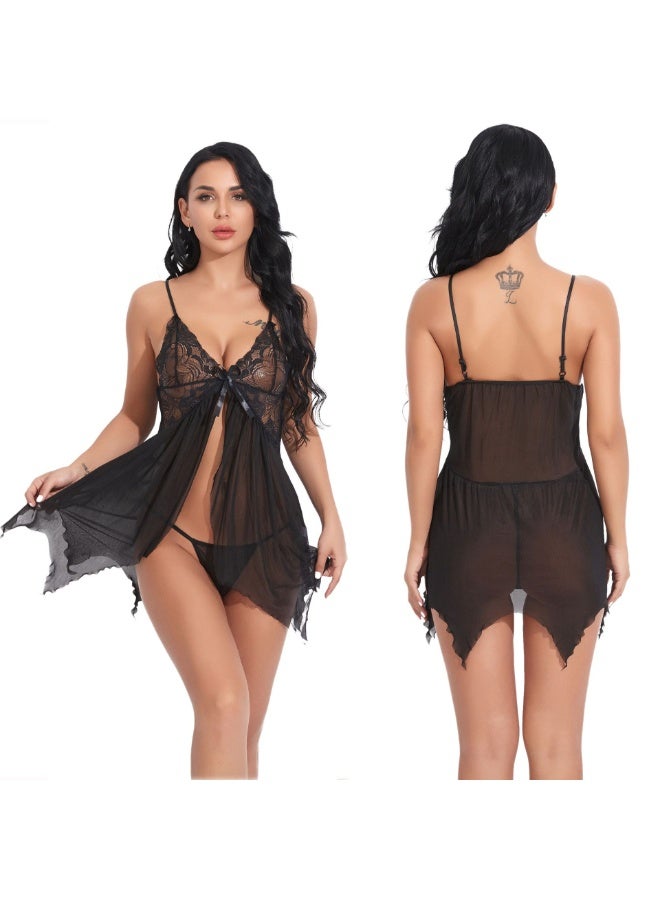 Ladies' Sexy Lace Lingerie Set,  Sheer Mesh Nightdress, Adjustable Straps Babydoll Sleepwear for Women - Image 1