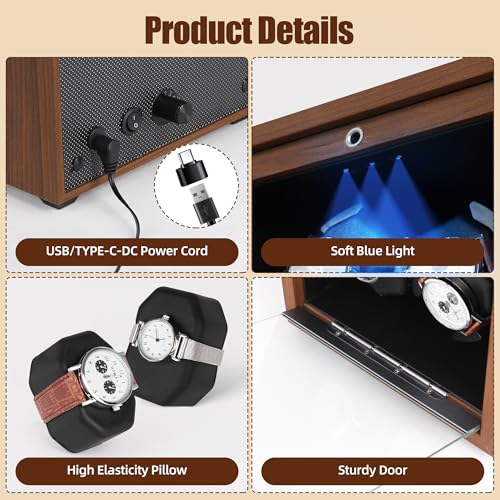 NBTORCH 3 Watch Winder for Automatic Watches Wooden Automatic Watch Winder with Super Quiet Japanese Motor, 4 Rotation Mode, Blue LED Light, Memory Foam Pillows for Man & Woman - Image 4
