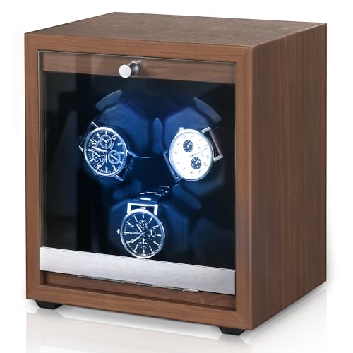 NBTORCH 3 Watch Winder for Automatic Watches Wooden Automatic Watch Winder with Super Quiet Japanese Motor, 4 Rotation Mode, Blue LED Light, Memory Foam Pillows for Man & Woman - Image 1