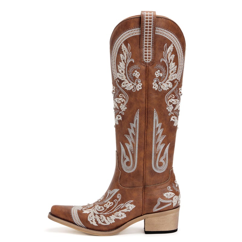 vodvob Western Cowboy Boots for Women Embroidered Rhinestones Knee High Cowgirl Boots Pointed Toe Chunky Heel Fashion Retro Classic Tall Boot - Image 2