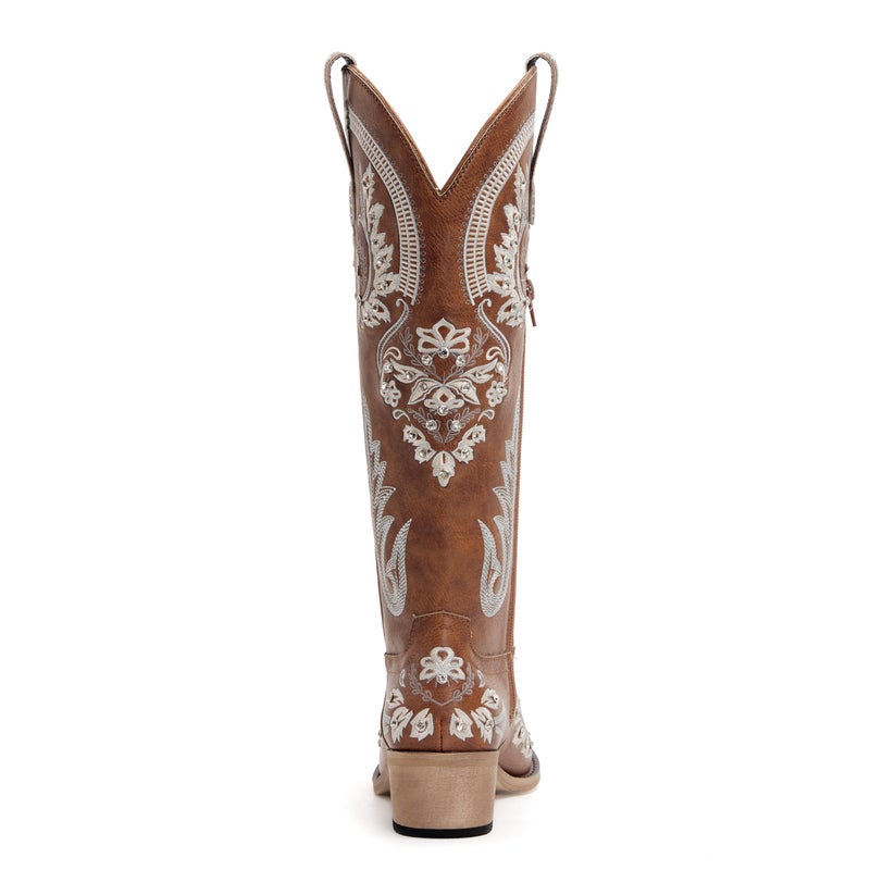 vodvob Western Cowboy Boots for Women Embroidered Rhinestones Knee High Cowgirl Boots Pointed Toe Chunky Heel Fashion Retro Classic Tall Boot - Image 5