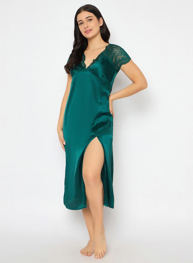 Clovia Solid Padded V Neck Satin Nightdress with Lace Insert - Image 2