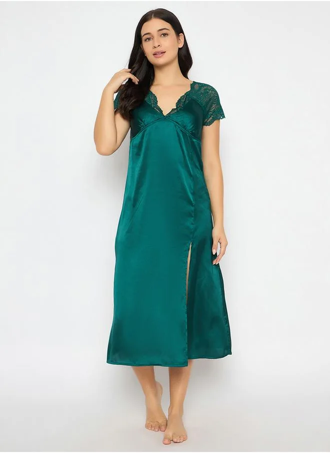 Clovia Clovia Solid Padded V Neck Satin Nightdress with Lace Insert