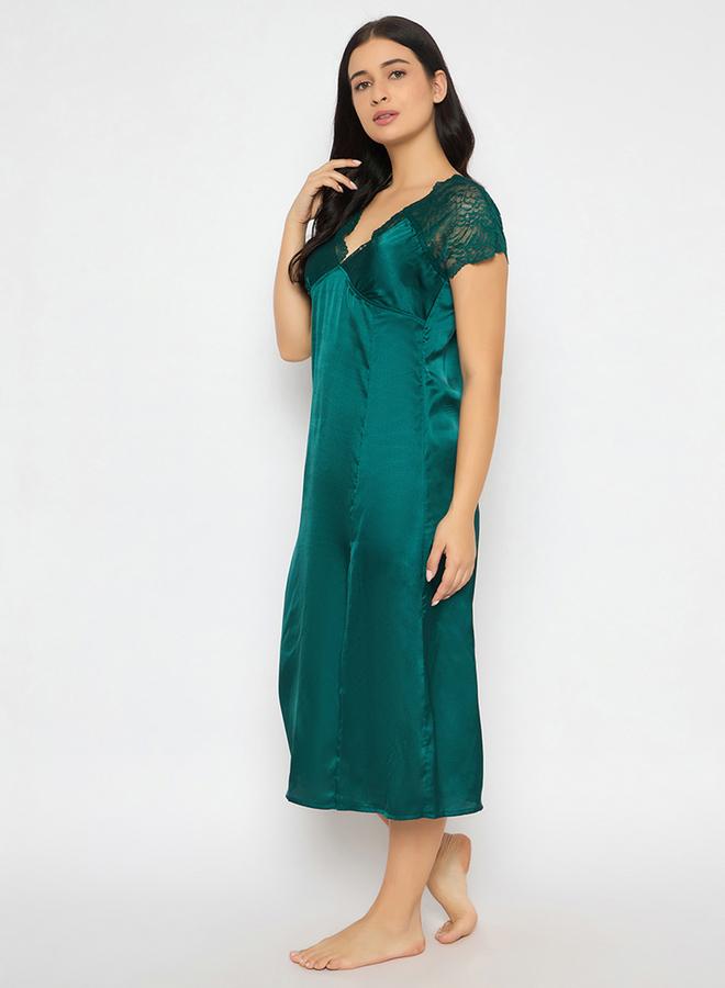 Clovia Solid Padded V Neck Satin Nightdress with Lace Insert - Image 3