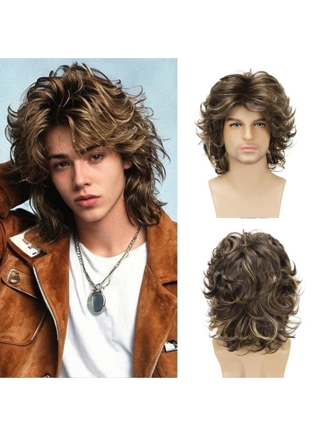 Men's Medium-Length Curly Wig - Brown Mixed Color Wool Curl Cap  - Image 2