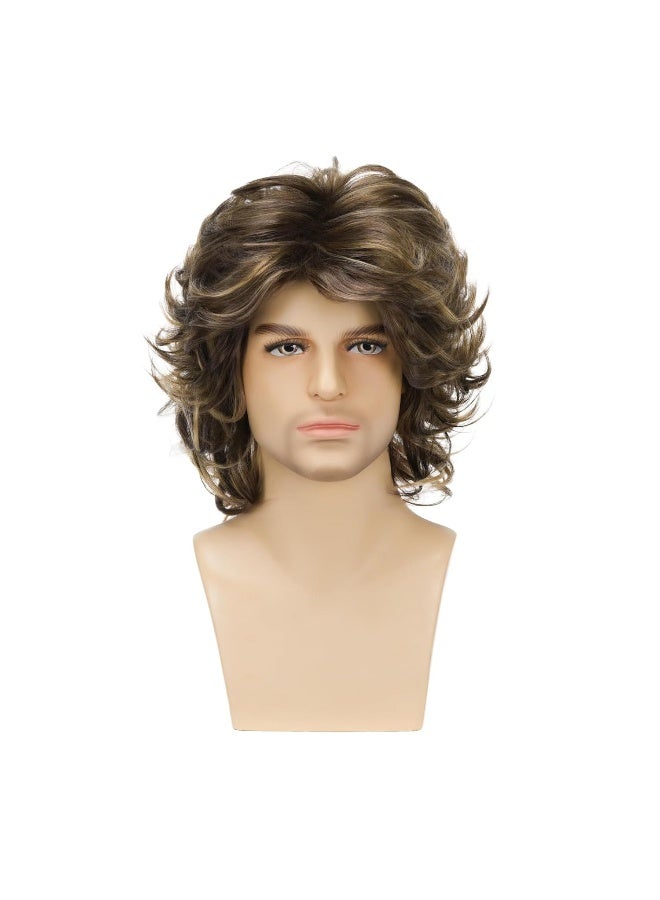 Men's Medium-Length Curly Wig - Brown Mixed Color Wool Curl Cap  - Image 1