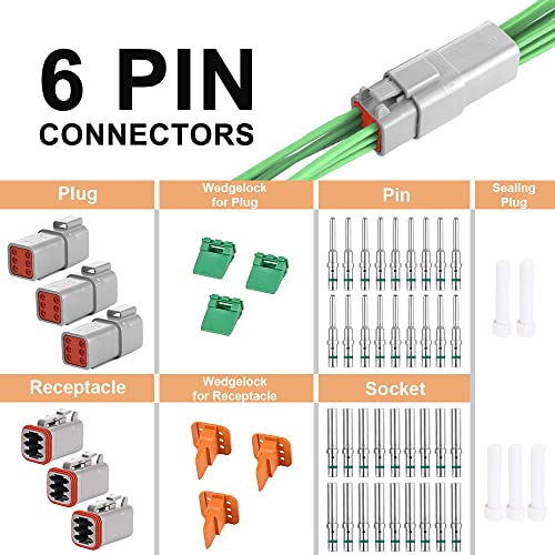 JRready موصل كهربائي مقاوم للماء JRready ST6115 DT 6 دبابيس رمادي مع 14-20 AWG تلامس وقابس ختم، 3 مجموعات - Image 2