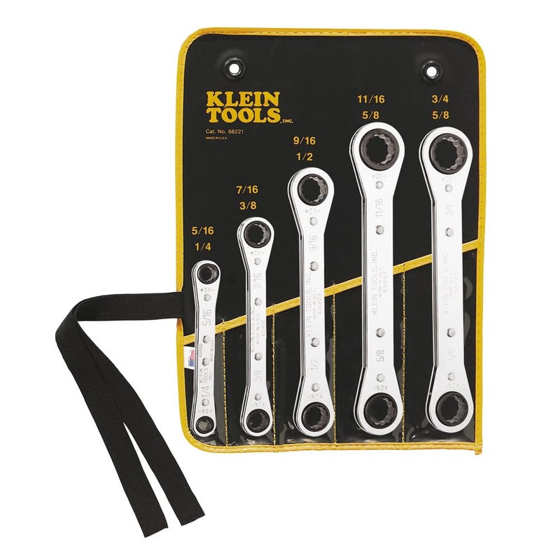 Klein Tools 68221 SAE Ratcheting Box Wrench Set 5 Piece 10 Sizes Made in USA