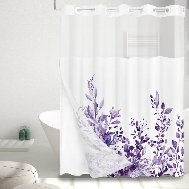 Tititex No Hooks Snap in Liner Purple Eucalyptus Leaves Shower Curtain Sets  Hotel Luxury Double Layers Waterproof Fabric & See-Through Top Window Bathroom Decorative 72x78 Inch - Image 2