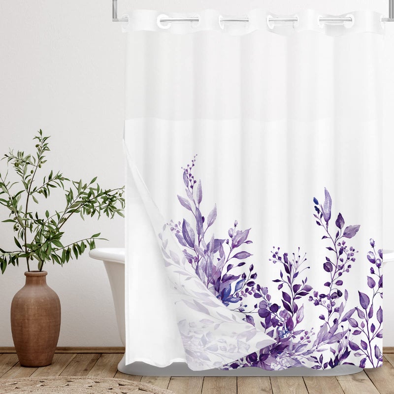 Tititex No Hooks Snap in Liner Purple Eucalyptus Leaves Shower Curtain Sets  Hotel Luxury Double Layers Waterproof Fabric & See-Through Top Window Bathroom Decorative 72x78 Inch - Image 1
