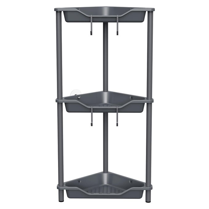 RUSTPROOF 3 TIER FLOOR STANDING CORNER SHOWER CADDY ORGANIZER PLASTIC METAL SPLICING FLOOR CORNER SHELF RACK STANDS FOR BATHROOM GREY