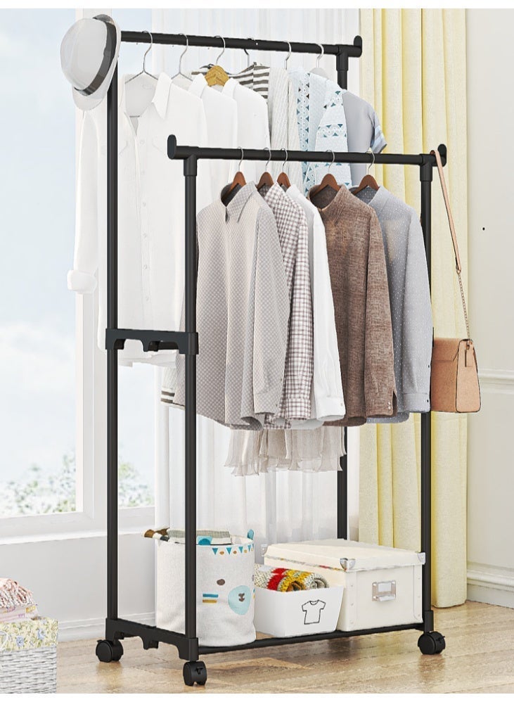 CKIKH Black Heavy-Duty Double Rod Garment Rack with Wheels, Freestanding Multi-functional Metal Clothing Rack with Storage Shelves & Hooks, Large-Capacity Coat Rack for Bedroom - Image 1