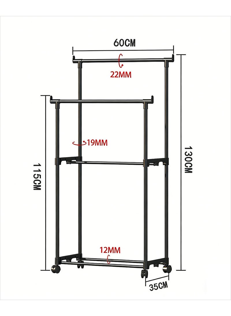 CKIKH Black Heavy-Duty Double Rod Garment Rack with Wheels, Freestanding Multi-functional Metal Clothing Rack with Storage Shelves & Hooks, Large-Capacity Coat Rack for Bedroom - Image 5