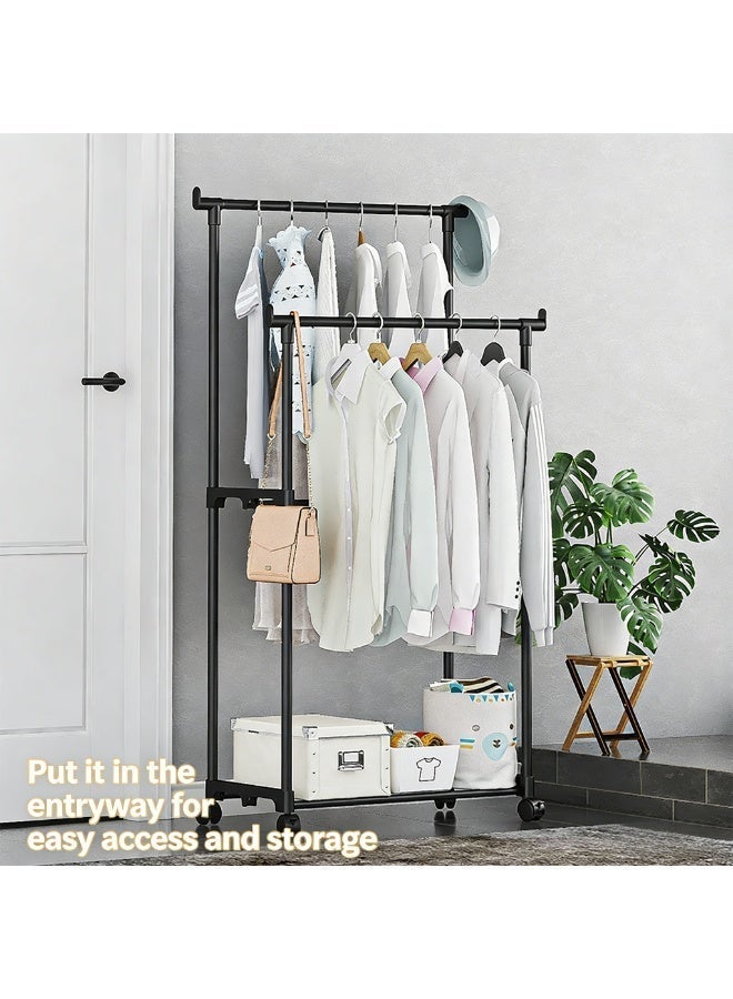 CKIKH Black Heavy-Duty Double Rod Garment Rack with Wheels, Freestanding Multi-functional Metal Clothing Rack with Storage Shelves & Hooks, Large-Capacity Coat Rack for Bedroom - Image 2