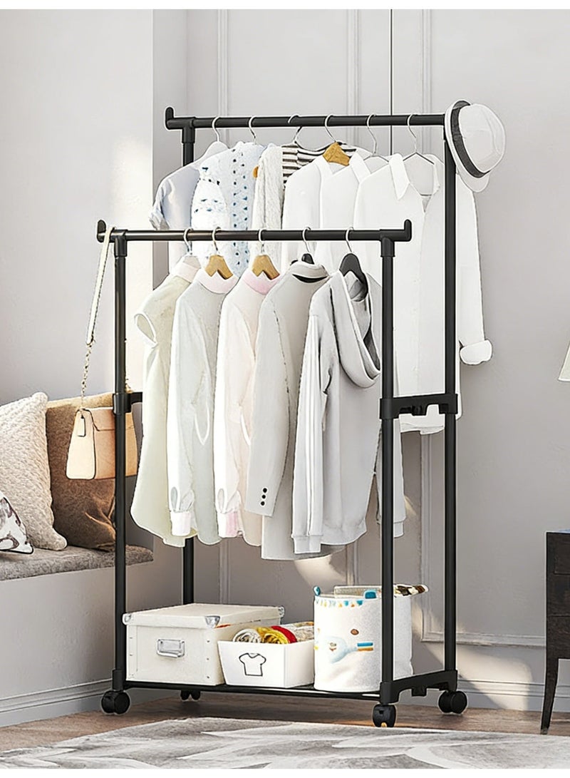 CKIKH Black Heavy-Duty Double Rod Garment Rack with Wheels, Freestanding Multi-functional Metal Clothing Rack with Storage Shelves & Hooks, Large-Capacity Coat Rack for Bedroom - Image 4