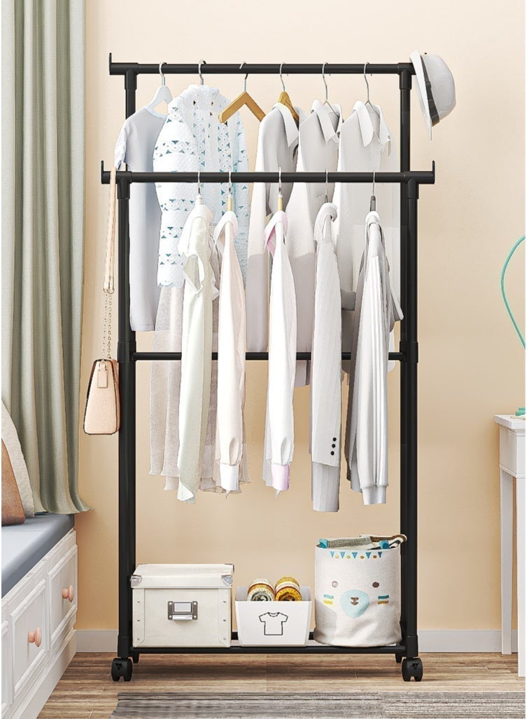 CKIKH Black Heavy-Duty Double Rod Garment Rack with Wheels, Freestanding Multi-functional Metal Clothing Rack with Storage Shelves & Hooks, Large-Capacity Coat Rack for Bedroom - Image 3