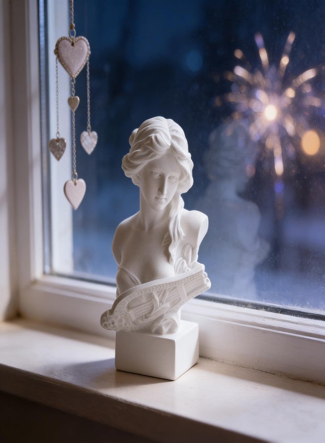 MovFlax 6" Classical Music Goddess Bust Statue, White Resin Lyre Player Sculpture, Mini Greek Style Bust Figurine for Home Office Shelf Decor, Aesthetic Art Ornament & Gift - Image 3
