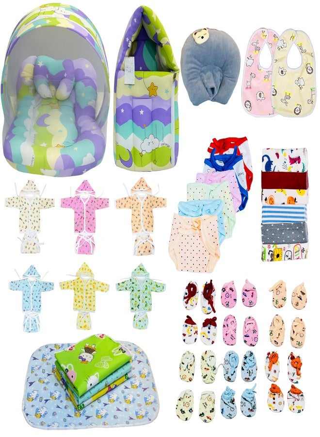 Infantbond by Fareto 52in1 Newborn Baby Essential Combo Set | Baby Bedding Set with Net, Hooded Rompers, Mittens, Booties, Nappies & More | Ideal Gift for Newborn Boys & Girls(0-6M) (Purple Star) - Image 1