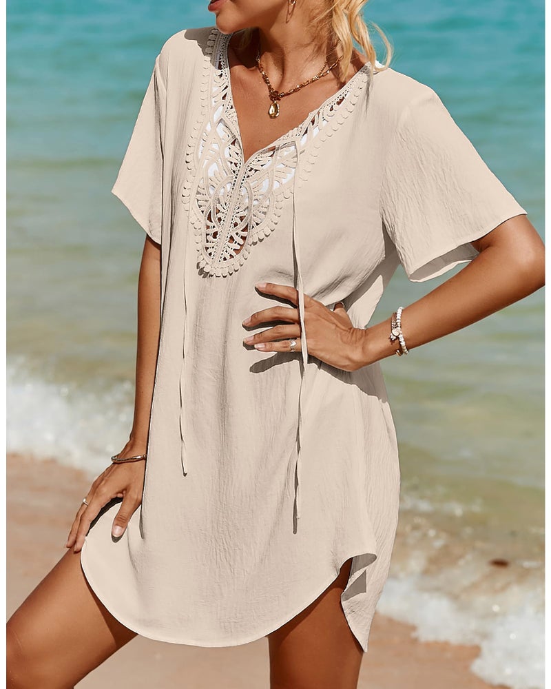 SimpleFun Sexy Swimsuit Coverup for Women Deep V Neck Short Sleeve Loose Beach Cover Up Casual Swimwear Coverups Apricot M - Image 2