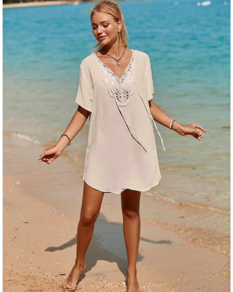 SimpleFun Sexy Swimsuit Coverup for Women Deep V Neck Short Sleeve Loose Beach Cover Up Casual Swimwear Coverups Apricot M - Image 5