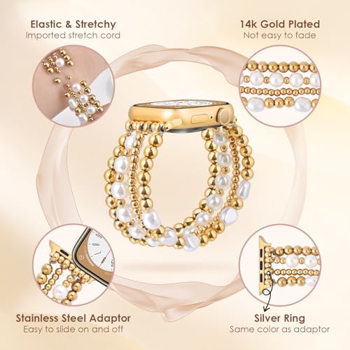 AIRSPO Gold Beaded Bracelets Compatible for Apple Watch Band 38mm 40mm 41mm 42mm 44mm 45mm Women, Fashion Handmade Dressy iPhone Watch Bands Elastic Strap for iWatch Series SE 8 7 6 5 4 3 2 1 (Gold, 38mm/40mm/41mm-S(5.3"-6.2")) - Image 5