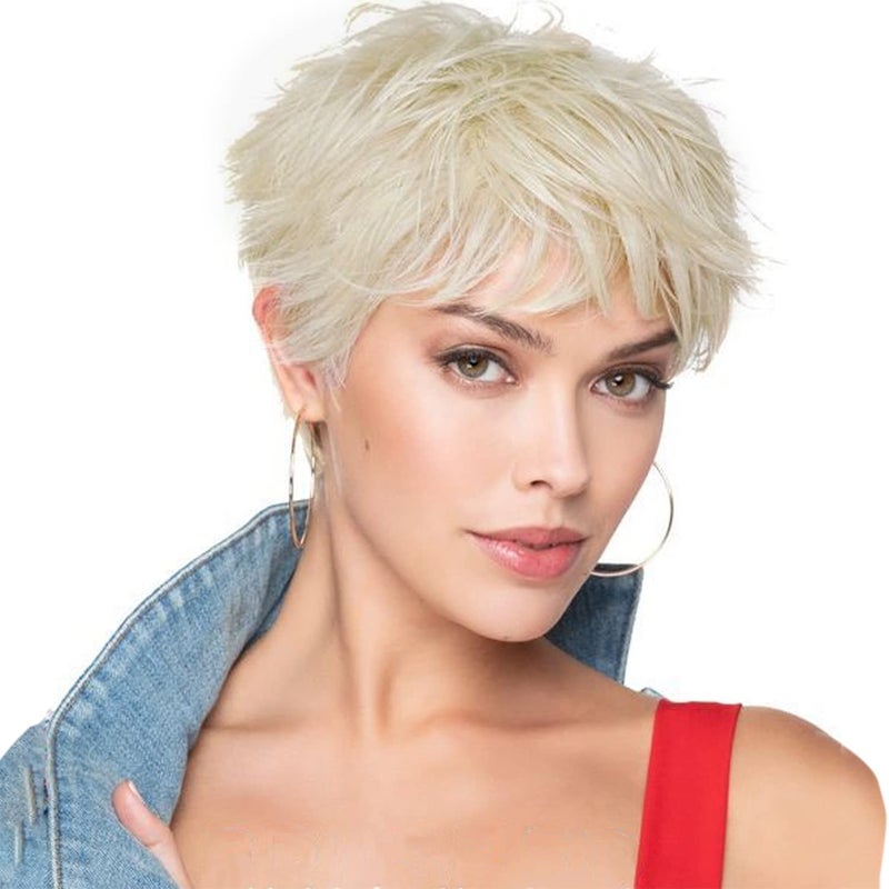 BECUS Short Blonde Wig for Women Pixie Wig for Women Synthetic Short Hair for Daily Halloween Cosplay(Platinum Blonde)